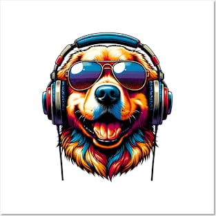 Golden Retriever Smiling DJ with Vibrant Sound Waves Posters and Art